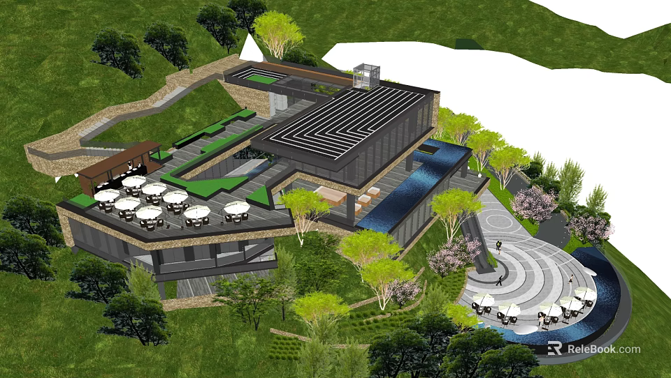 Modern Hotel Building With Green Surroundings Outdoor Terrace And Water Feature 3d model 
