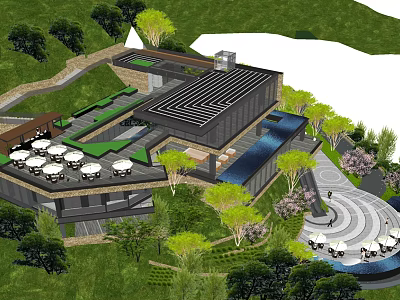 Modern Hotel Building With Green Surroundings Outdoor Terrace And Water Feature 3d model