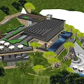 Modern Hotel Building With Green Surroundings Outdoor Terrace And Water Feature