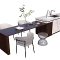 Modern Dining Table Set With Gray Chairs Wooden Top And Decorative Plants Plates