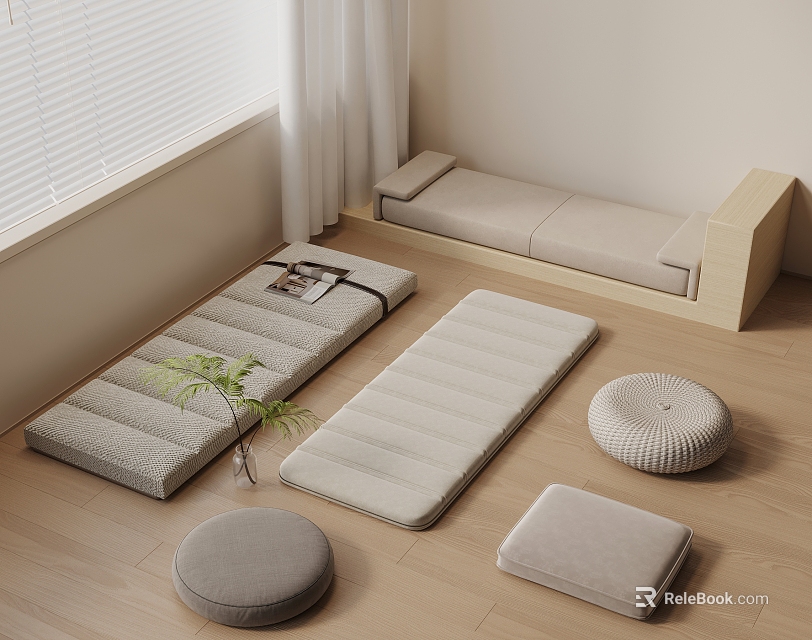 Soft Light Gray Square Carpet On Wooden Floor With Tatami Mats And Floor Cushions 3d model 