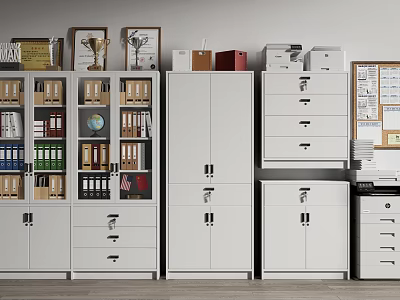 Modern Office Bookcase Interior With File Cabinets Trophies Globe And Books 3d model