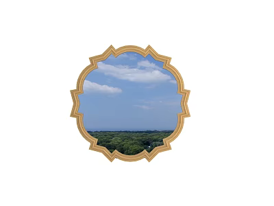 Round Mirror With Golden Ornate Frame Reflecting Blue Sky White Clouds And Green Trees 3d model