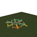 Colorful Hexagonal Playground Equipment With Multiple Slides And Climbing Structures On Grass Lawn