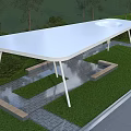 Outdoor Rest Area With White Canopy Bench Trees And Green Grass Under Blue Sky