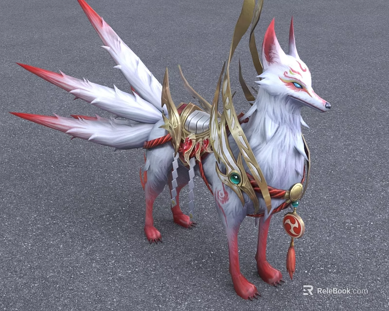Ornate White Reptile Sculpture With Red Accents Golden Ornaments And Green Gemstones 3d model 
