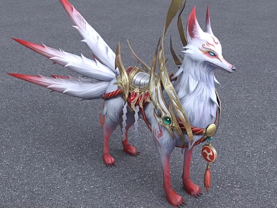 Ornate White Reptile Sculpture With Red Accents Golden Ornaments And Green Gemstones 3d model