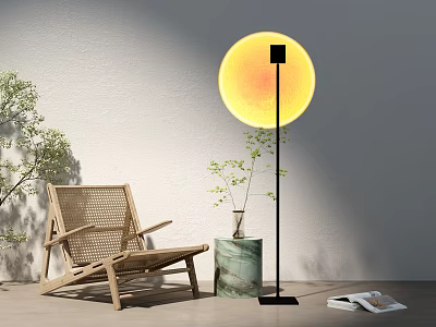 Modern Round Floor Lamp with Wicker Chair Green Vase and Wooden Floor 3d model