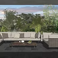 Comfortable Modern Outdoor Sofa In Natural View With Cushions Coffee Table And Green Plants