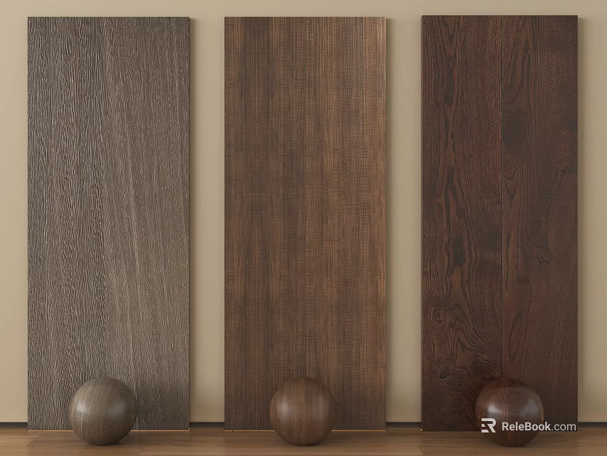 Three Different Wooden Wall Panels With Natural Wood Grain And Decorative Spheres 3d model 