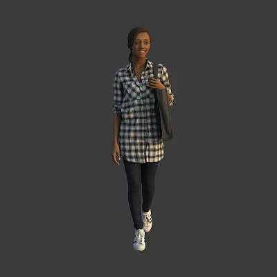 Woman In Plaid Shirt Walking Carrying Black Bag With Dark Pants And White Sneakers 3d model