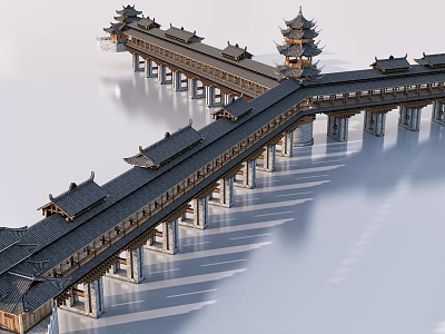 Traditional Chinese Wooden Bridge With Pavilions And Stone Pillars Over Water 3d model