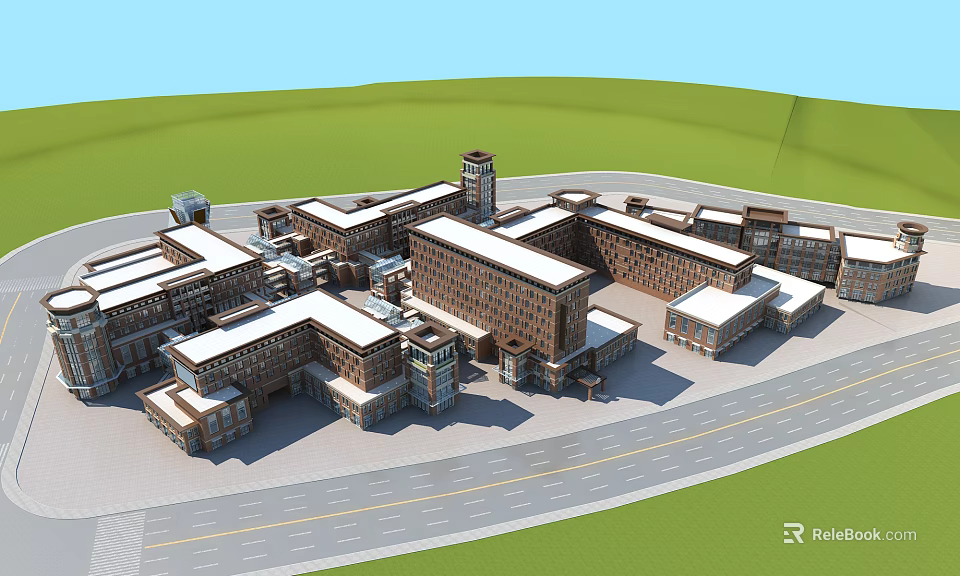 Modern Commercial Complex With Multi Building Structure Tower Road And Green Landscape 3d model 
