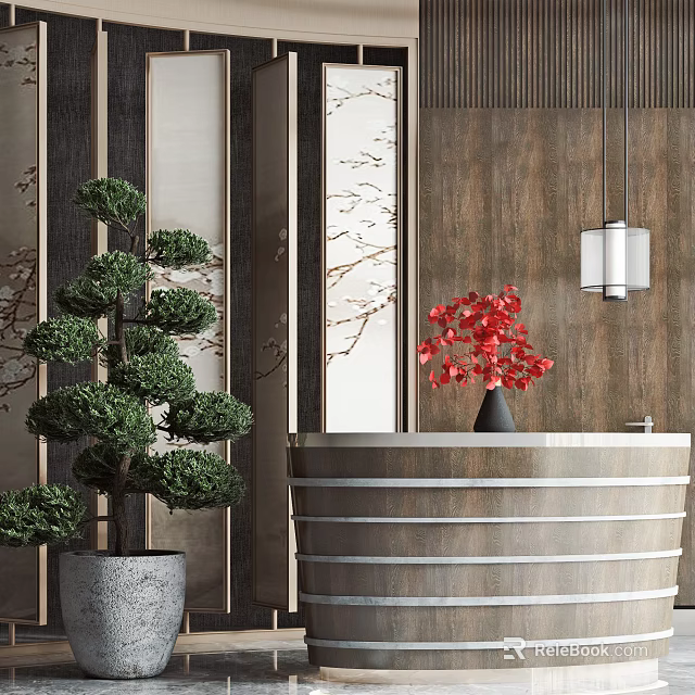 Elegant Reception Desk With Green Pine Tree Red Flowers Pendant Light And Wooden Background Wall 3d model 