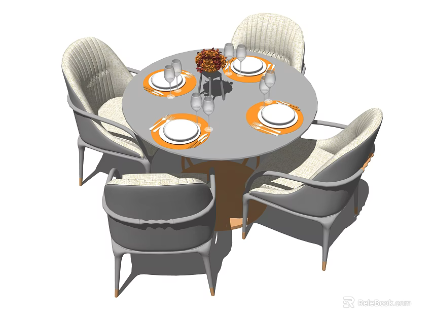 Round Dining Table Set With Four Woven Chairs And Tableware Centerpiece 3d model