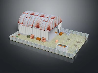Cartoon Scene With Striped Roof Building Crates Stones And Small Pool 3d model
