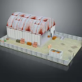 Cartoon Scene With Striped Roof Building Crates Stones And Small Pool