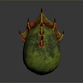 Green Egg Shaped Object With Red Yellow Spiked Top And Surface Patterns