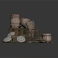 Medieval Vintage Scene Components With Wooden Barrels Crates Shields And Sacks