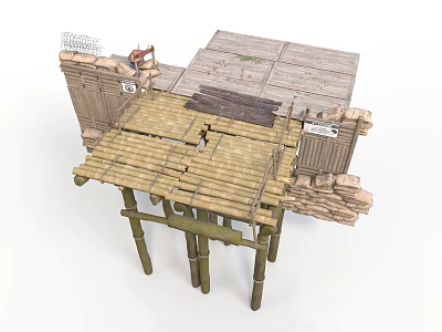 Modern Outdoor Elevated Structure With Bamboo Posts Wooden Deck And Storage Ladder 3d model
