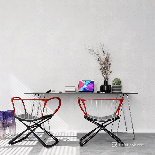 Black Office Desk Against White Wall With Laptop Books Vase Dried Branches Plant Red Chairs 3d model 