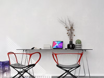 Black Office Desk Against White Wall With Laptop Books Vase Dried Branches Plant Red Chairs 3d model
