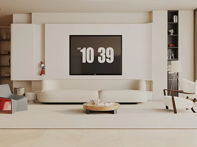 Modern Living Room Interior With White Sofa Large TV Round Coffee Table And Accent Chair 3d model