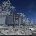 Scenic Snowy Night Courtyard with Chinese Architecture Red Lanterns Full Moon and Starry Sky