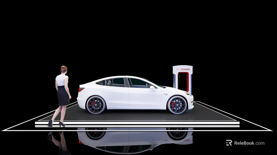 Display Shelf Featuring White Toyota Car And Female Figure Standing Nearby 3d model 