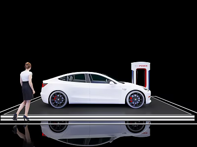 Display Shelf Featuring White Toyota Car And Female Figure Standing Nearby 3d model