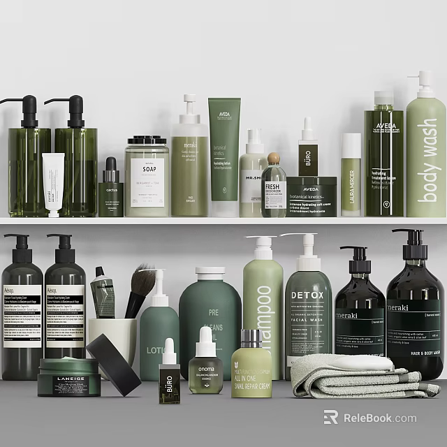 Organized Modern Bathroom Accessories With Green Dark Shampoo Bottles Body Wash And Towels 3d model 