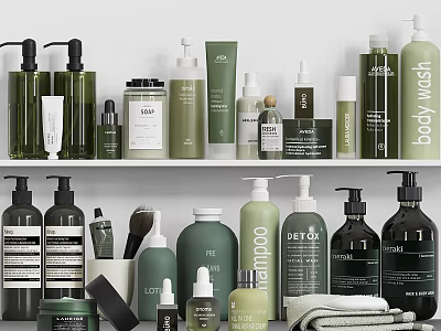 Organized Modern Bathroom Accessories With Green Dark Shampoo Bottles Body Wash And Towels 3d model