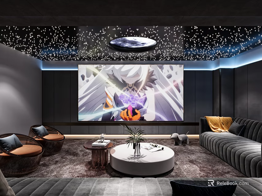 Luxurious Home Theater Interior Design With Starry Ceiling Large Projection Screen And Plush Seating 3d model 