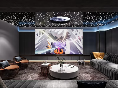 Luxurious Home Theater Interior Design With Starry Ceiling Large Projection Screen And Plush Seating 3d model