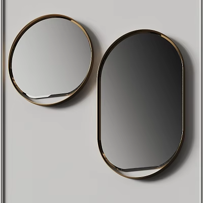 Modern Stylish Wall Mounted Mirrors with Circular and Oval Golden Frames 3d model
