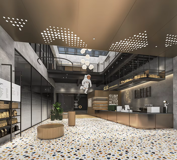 Modern Industrial Cafe Interior Design With Ceiling Dot Patterns And Astronaut Decor 3d model