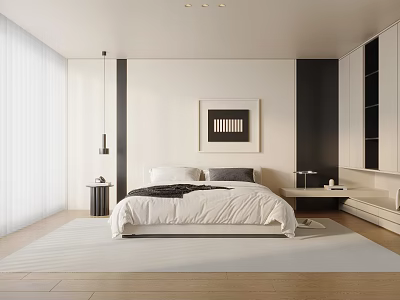 Modern Minimalist Bedroom Interior With White Bed Framed Art And Large Windows 3d model