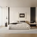 Modern Minimalist Bedroom Interior With White Bed Framed Art And Large Windows
