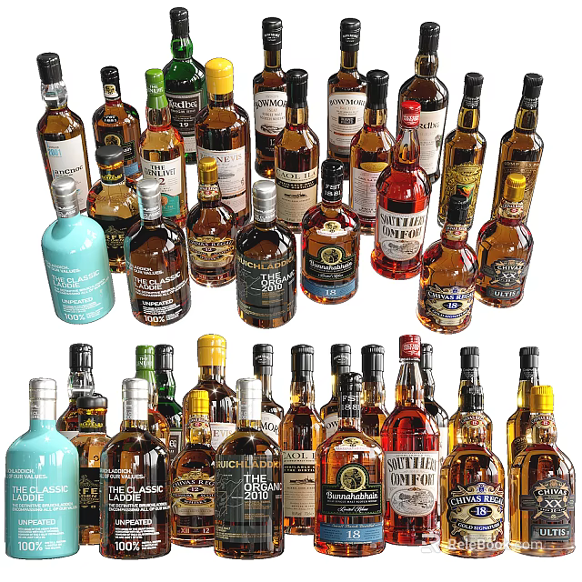 Assorted Liquor Bottles And Glasses Display With Colorful Labels And Unique Shapes 3d model 
