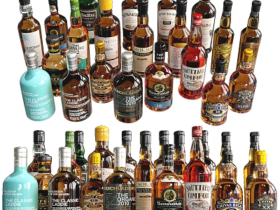 Assorted Liquor Bottles And Glasses Display With Colorful Labels And Unique Shapes 3d model