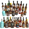 Assorted Liquor Bottles And Glasses Display With Colorful Labels And Unique Shapes