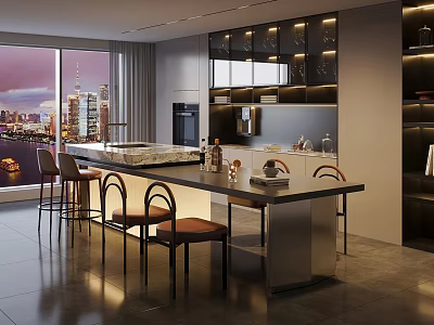 Modern Open Kitchen Interior With Marble Island Chairs And City View 3d model