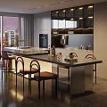 Modern Open Kitchen Interior With Marble Island Chairs And City View