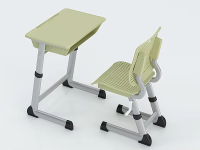 Simple Modern Light Green Desk And Chair Set With Plastic Top And Metal Frame 3d model