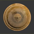 Yellow Carved Sculpture Vessel With Intricate Patterns And Cross Topped Lid On Pedestal Base
