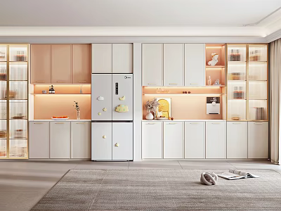 Contemporary Wine Cabinet Design In Open Kitchen With Glass Doors And Interior Lighting 3d model