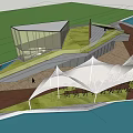 Modern Glass Building With Sloped Roof Lawn Front And Sculpture Outdoor View
