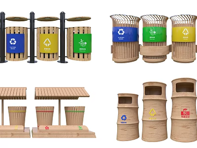 Public Facilities Recycling Bins Wooden Design Color Coded For Waste Sorting With Covered Shelters 3d model