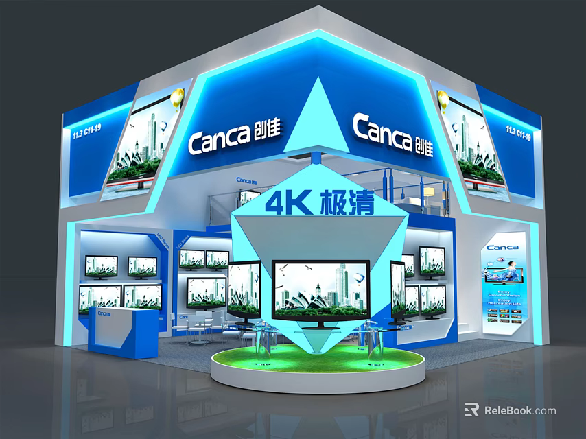 CanCa Exhibition Booth Featuring 4K Ultra Clear Display Screens Blue White Lighting And Modern Structure 3d model 
