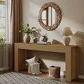Wooden Entryway Console Table with Green Plants Woven Mirror and Lamp in Cozy Interior